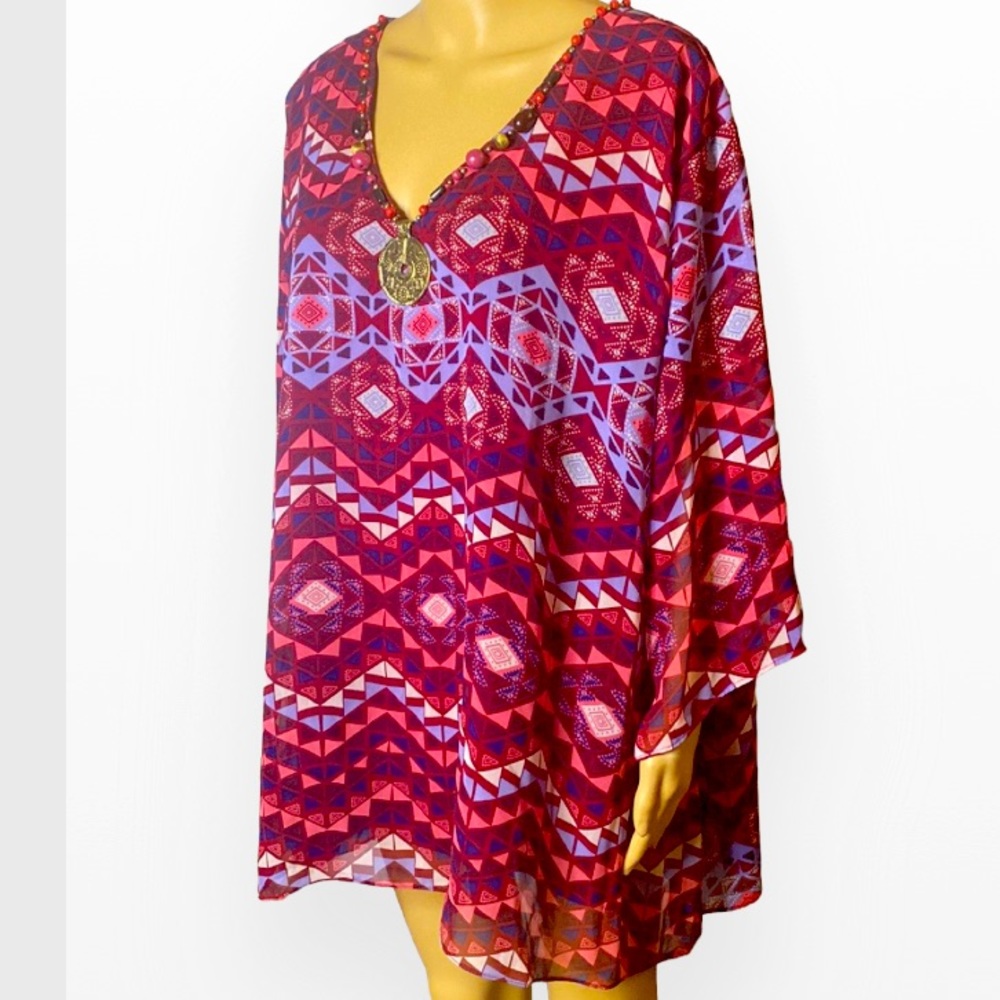 Diva Collection V Tunic  beaded neck and medallion Scarlet Geometry Print Tunic